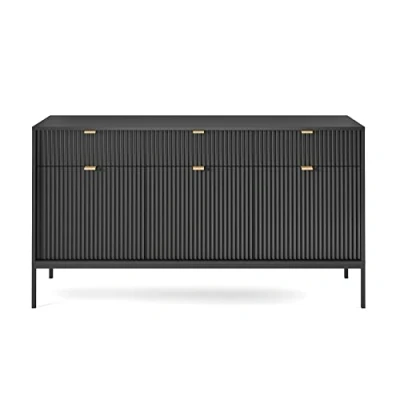 Afbeelding van Selsey Vellore driedeurs commode 154 cm zwart met gecanneleerde fronten en goudkleurige omlijsting