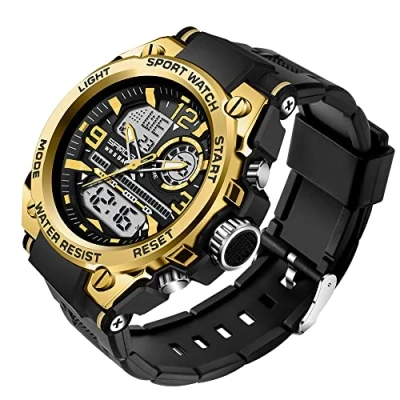 Afbeelding van AIMES Herenhorloge, waterdicht, outdoor, sport, militair, digitaal, analoog, datum, multifunctioneel, led, grote wijzerplaat, alarm en stopwatch, voor heren, Goud/Zwart, Outdoor Sport Casual