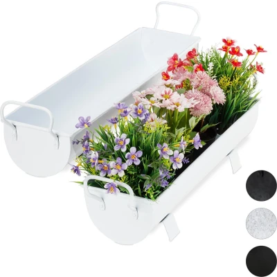 Afbeelding van Relaxdays bloempot 2 stuks bloembak dakgoot balkonbak plantenbak sierpot ijzer wit