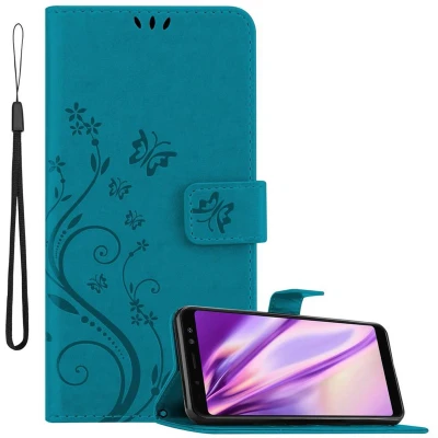 Afbeelding van Cadorabo Hoesje geschikt voor Samsung Galaxy A8 2018 in BLOEMEN BLAUW Beschermhoes bloemmotief met magnetische sluiting, standfunctie en kaartsleuven Book Case Cover Etui