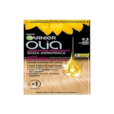 Afbeelding van Garnier Olia Haarverf, permanente haarkleur zonder ammoniak, delicate geur, dekt 100% wit haar, bloemoliën van natuurlijke oorsprong, veganistische formule, lichtblond goud