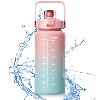 Afbeelding van Firschoie Drinkfles, 2 liter, met schaalverdeling, BPA vrij, lekvrij, rietje en tijdmarkering, grote capaciteit, voor hardlopen, yoga, fitnessstudio, sport, roze