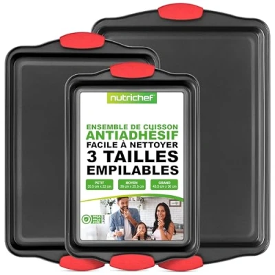 Afbeelding van NutriChef Set van 3 hoogwaardige bakplaten met antiaanbaklaag, zwart rode siliconen handgrepen