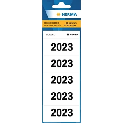 Afbeelding van HERMA 1683 jaarcijfers 2023 voor ordner (60 x 26 mm, mat papier, ondoorzichtig) zelfklevend, permanente tekstetiketten, 100 etiketten, wit