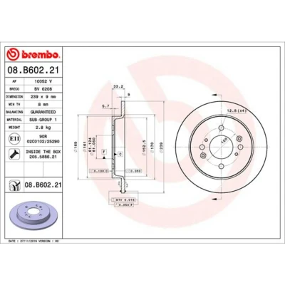 Afbeelding van BREMBO 08.B602.21 Remschijf 239 9 4 volledig Gecoat Met schroeven HONDA: JAZZ