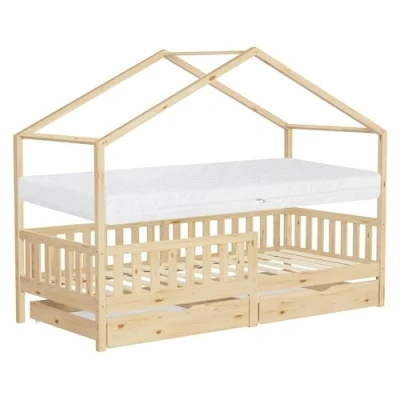 Afbeelding van ML Design lit pour enfant, 90 x 200 cm, naturel, avec matelas, 2 tiroirs, protection anti chute et sommier à lattes, de jeu en bois pin, cadre Montessori enfants, sol, maison