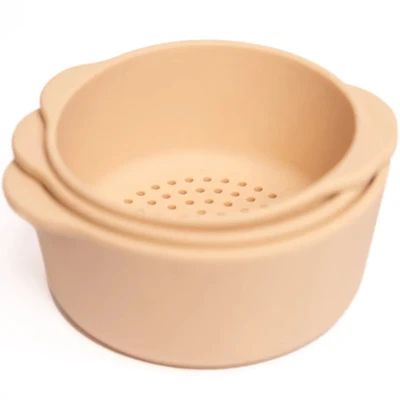 Afbeelding van Inspire My Play Beige 3 siliconen inschuifbare kommen en zeef Ideale Accessoires voor het PlayTRAY sensorische speelbord Tuff bord Ontwaken activiteitenspeelgoed