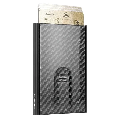 Afbeelding van ÖGON Automatische kaarthouder van aluminium Slider RFID bescherming Originele, slanke en minimalistische portemonnee voor dames heren capaciteit 1 6 kaarten, Carbon afwerking, Minimalistisch
