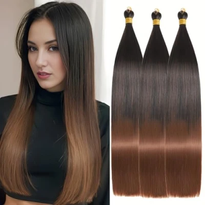 Afbeelding van Locescsoc Silky Straight Braiding Hair 3 verpakkingen vlechten haar voorgerekt synthetisch recht gehaakte voor vrouwen (1B/76, 71 cm, stuks)