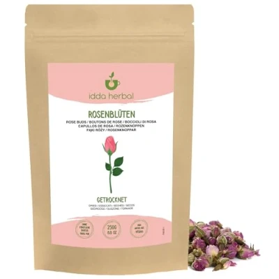 Afbeelding van gedroogde rozenknoppen (250 g), losse thee, hele rozenknoppen, rozenblaadjes, 100% natuurlijk en puur voor de bereiding van kruidenthee, rozenknopjes, kruidenthee