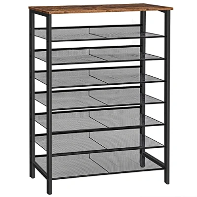 Afbeelding van HOOBRO Schoenenrek met 8 niveaus, hoog smal schoenenrek, 100 x 30 137 cm, platte en kantelbare roosterplanken, voor 32 40 paar schoenen, metaal, entree, hal, vintage bruin zwart EBF118XJ01