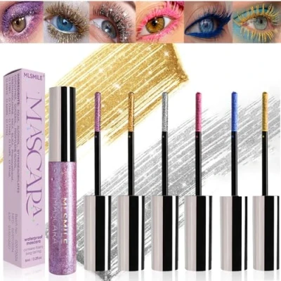 Afbeelding van 6 kleuren kleurrijke mascara voor wimpers, parelmoer glittermascara, waterdicht en zonder vlekken, volumineuze mascara, make up Halloween Kerstmis