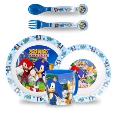 Afbeelding van Sorrisini Kinderserviesset, herbruikbaar kinderservies, kinderservies en magnetronbestendig, kindertafelset, bord kom, bestek, beker 350 ml, Sonic