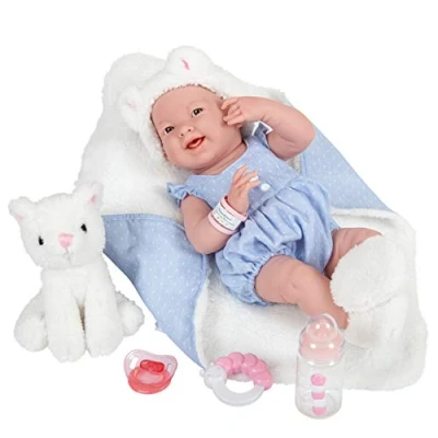 Afbeelding van JC TOYS Nieuw geboren pop La Newborn 38 cm van zacht vinyl, kleding katoen en accessoires, meisje, blauw, ontworpen in Spanje door Berenguer, 2 jaar
