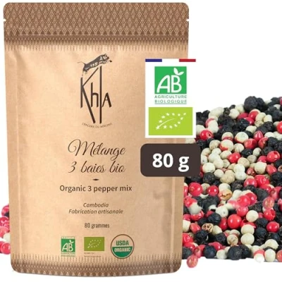 Afbeelding van Khla Volledig biologische gekleurde peper 80 g zwarte, witte en roze Kampot bessen &amp; peperkorrels Premium kwaliteit Beperkte productie Direct Van de producent