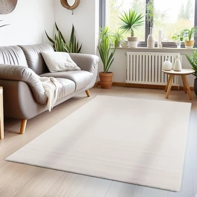 Afbeelding van Modern laagpolig tapijt, effen kleur, antislip, wasbaar, zacht, crème, afmetingen: 80x150 cm