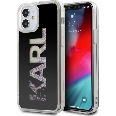 Afbeelding van Zwart hoesje van Karl Lagerfeld Backcover iPhone 12 Mini Liquid Glitter