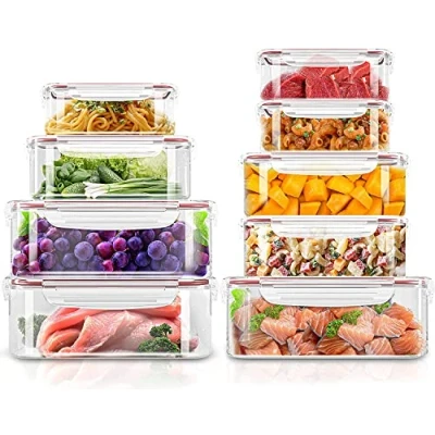 Afbeelding van KICHLY Lot de 18 récipients hermétiques en plastique avec couvercles pour cuisine, garde manger, réfrigérateur Anti fuite (rouge)