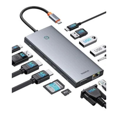 Afbeelding van Baseus USB C dockingstation met 3 monitoren, 13 in 1 hub 2 HDMI 4K @ 60Hz, DisplayPort bij VGA, 3.1 10Gbps, PD 100W gegevensoverdracht en laptop Ethernet