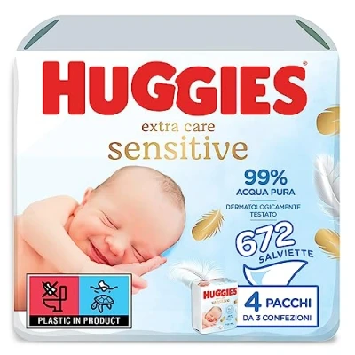 Image de Huggies Pure Extra Care, Lingettes Bébé pour tout le Corps, Sans Parfum, Paquet de 4 (3 x 56 lingettes)