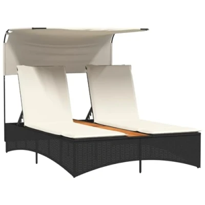 Afbeelding van Ligbed 2 persoons met luifel en kussens poly rattan zwart