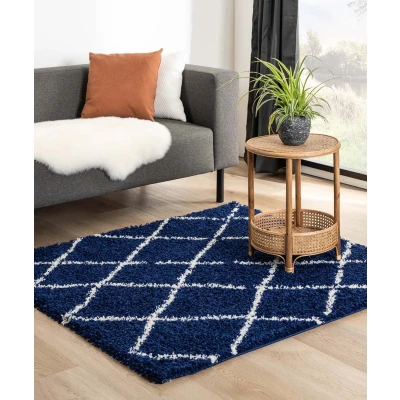 Afbeelding van Vierkant Hoogpolig Tapijt/Vloerkleed Ruiten Habitat Marineblauw/wit 240x240 Cm