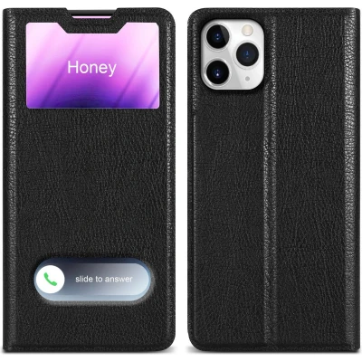 Afbeelding van Cadorabo Hoesje geschikt voor Apple iPhone 11 PRO MAX in KOMEET ZWART Beschermhoes met magnetische sluiting, standfunctie en 2 kijkvensters Book Case Cover Etui
