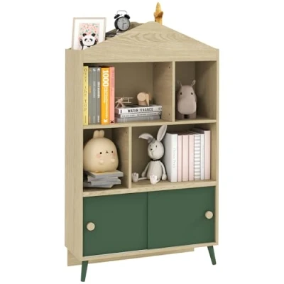 Afbeelding van AIYAPLAY Boekenkast voor kinderen, boekenplank, kinderkamer, opbergkast speelgoed met 4 holtes, kast speelkamer, woonkamer, 80 x 30 140,5 cm, groen