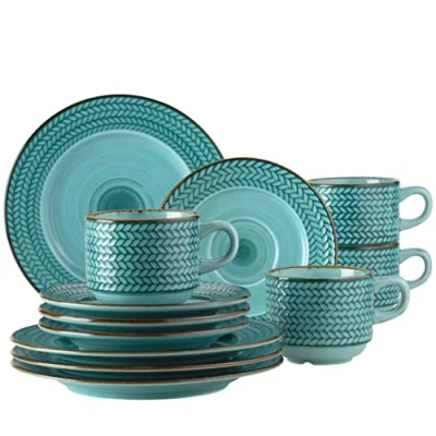 Afbeelding van MÄSER Prospero Premium koffieservies voor 4 personen in gastronomische kwaliteit, modern 12 delig unieke vintage stijl, duurzaam porselein, blauw