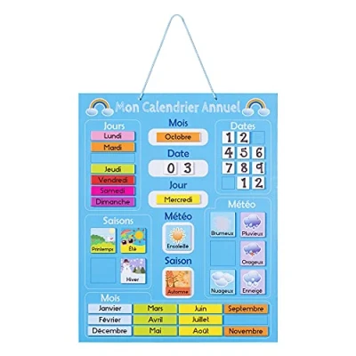 Afbeelding van Navaris leerkalender voor kinderen Magnetisch kalenderbord met seizoenen en het weer Jaarkalender magneten Kinderkalender Frans Blauw
