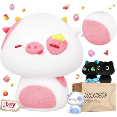 Afbeelding van Mewaii Kawaii Pluche Dierkussen 20 cm, voor Kinderen, Pop Speelgoed Paddenstoelvorm Aardbeien en Koeien Knuffelkussen Zachte Kussens om Cadeau te geven