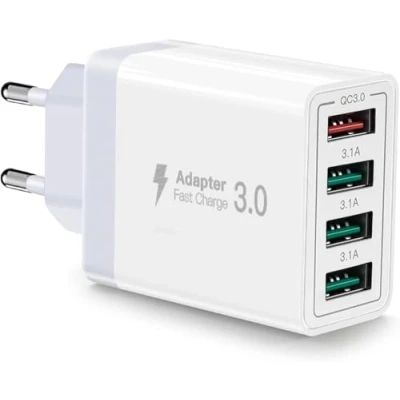 Afbeelding van USB oplader, 4 poorten met Smart QC 3.0 snellader, 33 W, multi port voeding, compatibel iPhone 11/12/13/14/15/16/SE/XS/XR/iPad/Samsung Galaxy S21/S22/S23/S24