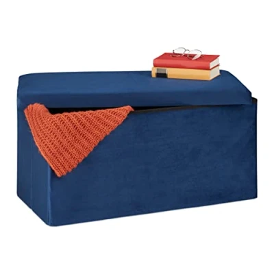 Afbeelding van Relaxdays opvouwbare opbergbank halbank fluweel stoffen zitbank met opbergruimte hal blauw