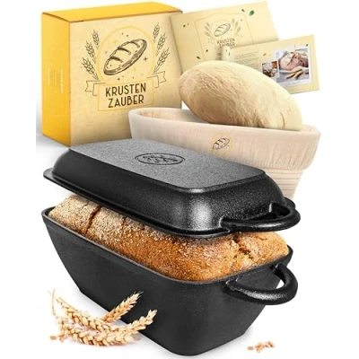 Afbeelding van KRUSTENZAUBER 28 cm gietijzeren pot brood bakken inclusief rijsmand Robuuste broodbakvorm rechthoekig met deksel voor in de oven Ideale broodvorm, broodbakpan, bakvorm bakken, broodbakaccessoires, broodvorm