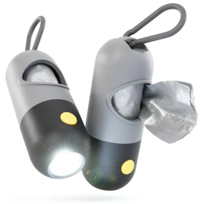 Afbeelding van greate Set van 2 hondenpoepzakjesdispenser met zaklamp en karabijnhaak, hondenpoepzakdispenser 30 hondenpoepzakjes