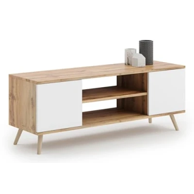 Afbeelding van KOBI TV kast Focus 135 Scandinavische stijl op houten poten voor woonkamer en eetkamer (gouden eik wit)