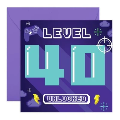 Afbeelding van CENTRAL 23 40e verjaardagskaart voor hem gamer, videogames, mannen van veertig jaar, cadeau broer, vriend, neef, wordt geleverd met grappige stickers