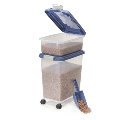 Afbeelding van Iris Ohyama, Droogvoercontainer, luchtdicht, met wieltjes, 30 liter + 10 liter/15,8 kilogram, blauw, klapdeksel waterdichte afdichting, kunststof, voor honden, katten, lekkernijen, container