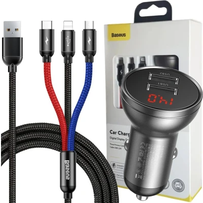 Afbeelding van Baseus Digital Display Autolader Dual USB 3 in 1 Kabel van 1.2 meter