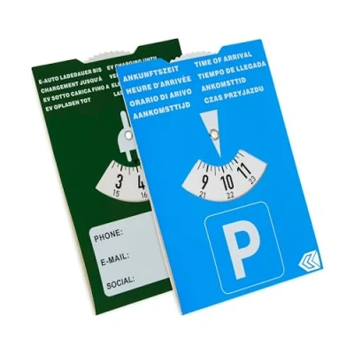 Afbeelding van parkeerschijf voor e car, 2 stuks, in 1 met laadtijd, papier, parkeermeter car en plug hybriden, blauw