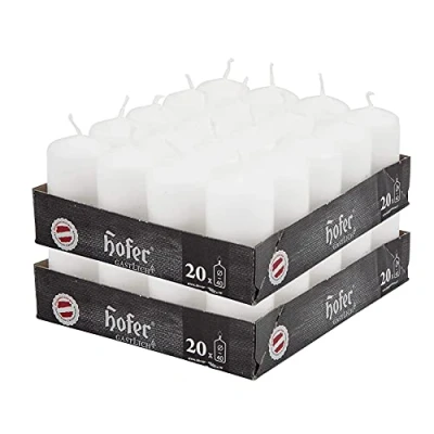 Afbeelding van Hofer Witte Pijler kaars, 40 stuks, kleine kaarsen zonder geur, 4 x 7 cm, 11 uur lange levensduur, kaars voor decoratie, druipende was, niet giftig, lont rook
