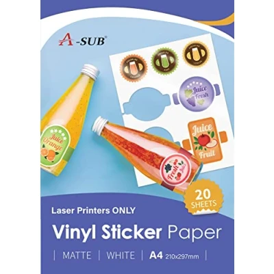 Afbeelding van A SUB Zelfklevend papier, bedrukbaar, hoogwaardig, waterdicht, mat, zelfklevend, vinyl etiketten voor laserprinters, A4 formaat, 20 vellen