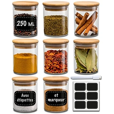 Afbeelding van Kruidenpotjes van glas met deksel, 8 potten x 250 ml, kruidenpotjes, luchtdicht, etiketten, vaatwasmachinebestendig, specerijen, kruiden en thee
