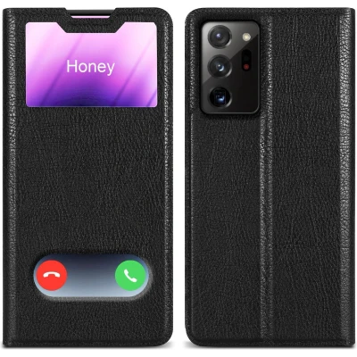 Afbeelding van Cadorabo Hoesje geschikt voor Samsung Galaxy NOTE 20 in KOMEET ZWART Beschermhoes met magnetische sluiting, standfunctie en 2 kijkvensters Book Case Cover Etui