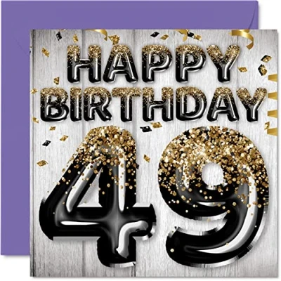 Afbeelding van Stuff4 Verjaardagskaart voor mannen, 49 jaar, zwarte en gouden glitterballonnen, verjaardagskaarten mannen van vader, neef, vriend, broer, oom, 145 mm x