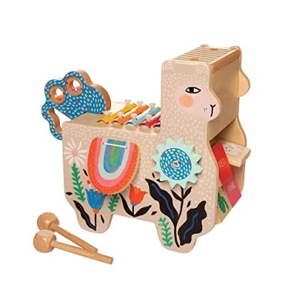 Afbeelding van Manhattan Toy Houten lama muziekinstrument voor peuters met maraca, tassen, eetstokjes, wasbord en xylofoon