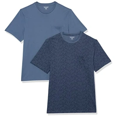 Image de Amazon Essentials Lot de 2 t shirts à manches courtes et col rond pour homme, coupe classique, imprimé floral/bleu délavé, taille XS