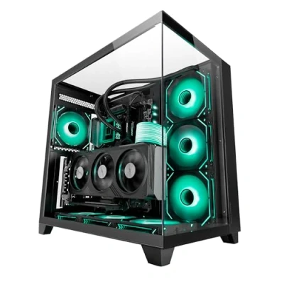 Afbeelding van MARSGAMING MC 3C, ATX gaming behuizing, 3D panoramisch zicht met drievoudig gehard glas, ontwerp dubbele zijkamer, volledige ondersteuning voor vloeistofkoeling, halftoren PC kabelmanagement,