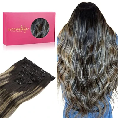 Afbeelding van WENNALIFE Clip in haarverlengingen met echt natuurlijk Remy haar, zwart tot lichtblond, 56 cm, 120 g, 7 stuks
