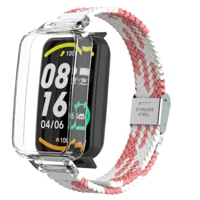 Afbeelding van Braided nylon bandje met case Roze wit Xiaomi Smart band 7 Pro